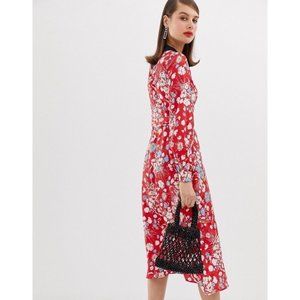 ASOS red floral midi dress with long sleeves